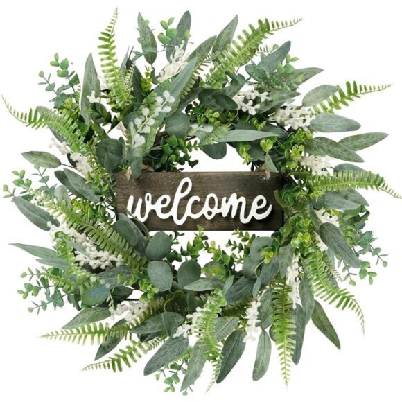 Green Artificial Eucalyptus Wreath with Welcome Sign 20in Mixed White Berries - Picture 1 of 7